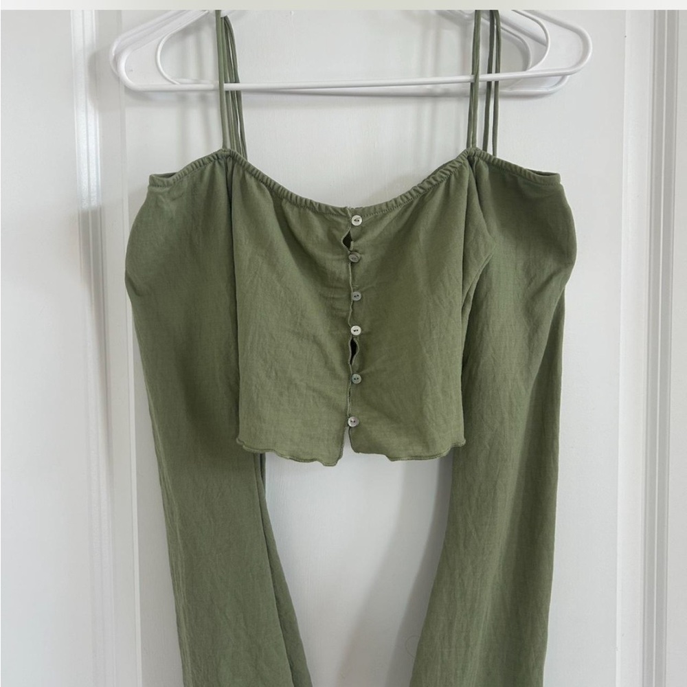 Zara Green Long Sleeve Button-Up Crop Top